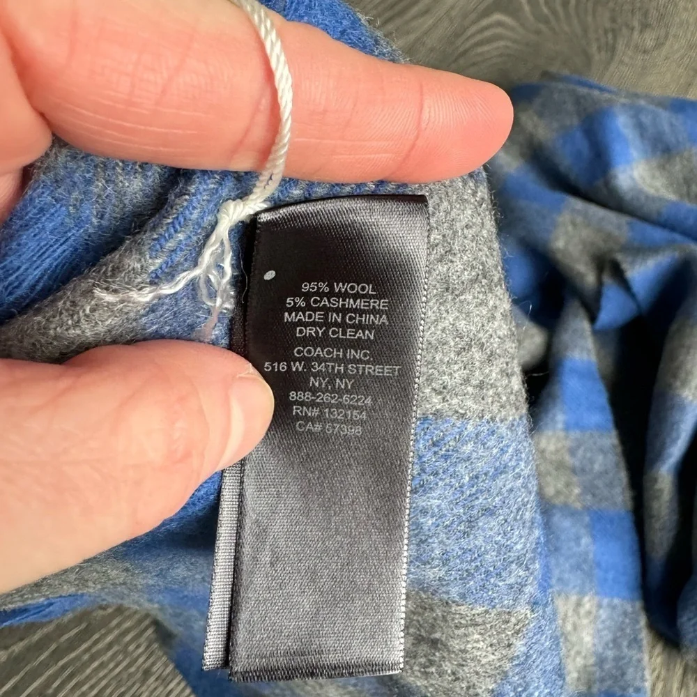 Coach Buffalo Check Woven Wool/Cashmere Blend Scarf in Cobalt/Grey